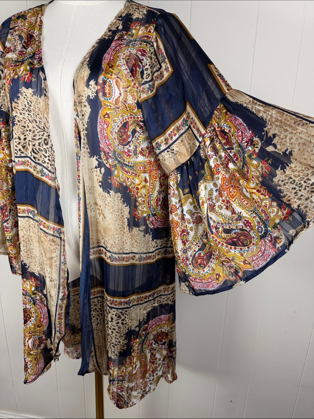 Umgee NWT Boho Paisley Open-Front Kimono Sheer Bell Sleeve Patchwork Print Large - Picture 3 of 11